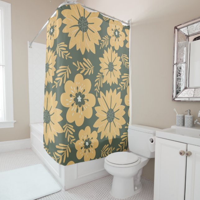 Retro Vintage Green Yellow Floral  Shower Curtain (In Situ)