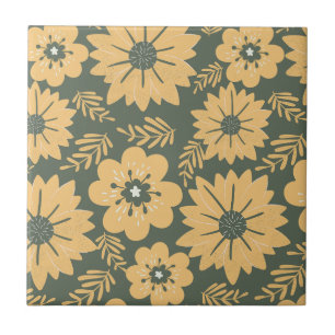 Retro Vintage Green Yellow Floral Tile