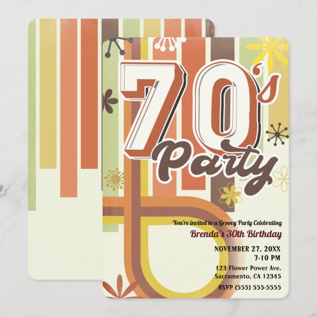 Retro Vintage Groovy 70's 1970 Seventies Party Invitation (Front/Back)
