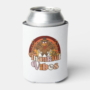 Retro Vintage Groovy Thankful Vibes Turkey Fall Th Can Cooler