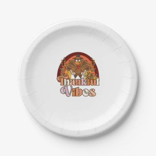 Retro Vintage Groovy Thankful Vibes Turkey Fall Th Paper Plate