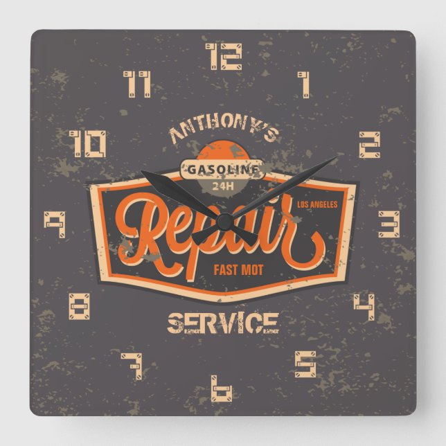 Retro Vintage Grunge Garage Square Wall Clock (Front)