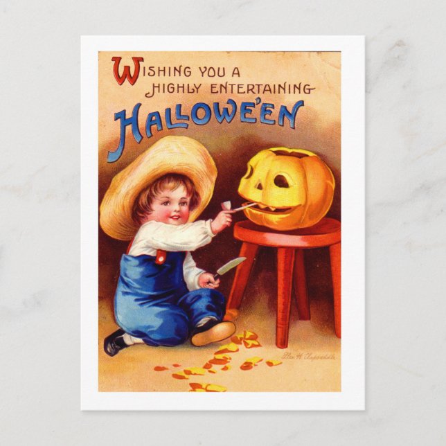 Retro Vintage Halloween Boy Carvier Postcard (Front)