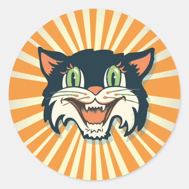 Retro Vintage Halloween Cat Classic Round Sticker (Front)