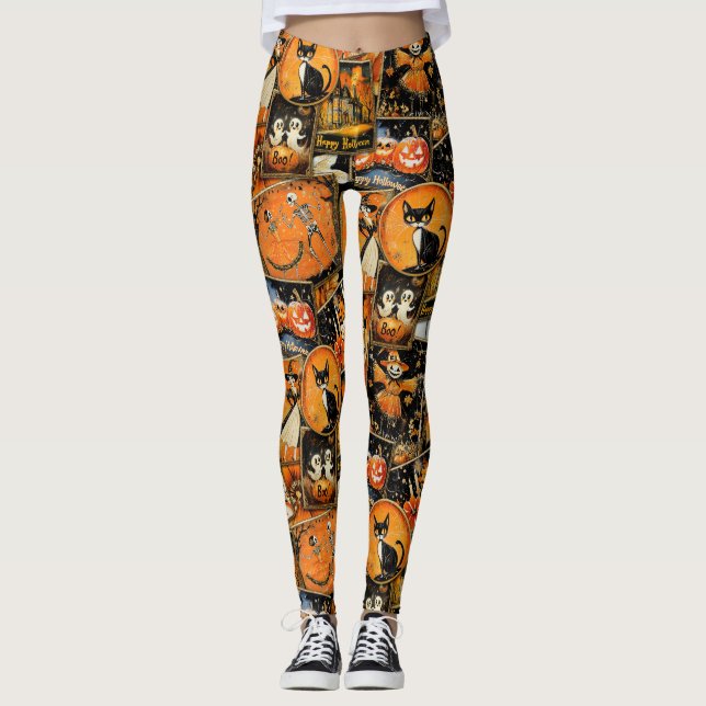 Retro Vintage Halloween Fun Collage Leggings (Front)