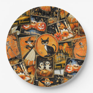 Retro Vintage Halloween Fun Collage Paper Plate