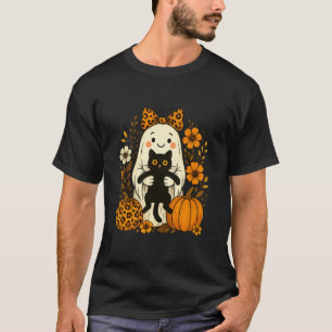 Retro Vintage Halloween Ghost Holding Black Cat Fl T-Shirt
