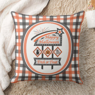 Retro Vintage Halloween Sign –Trick or Treat Plaid Cushion