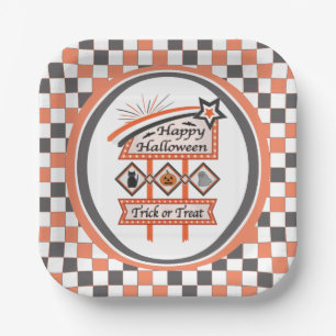 Retro Vintage Halloween Sign –Trick or Treat Plaid Paper Plate