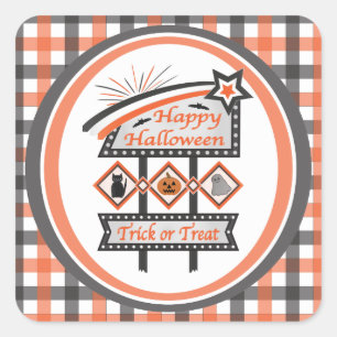 Retro Vintage Halloween Sign –Trick or Treat Plaid Square Sticker