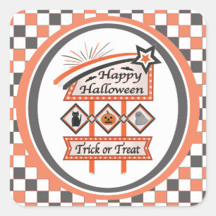 Retro Vintage Halloween Sign –Trick or Treat Plaid Square Sticker