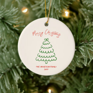 Retro Vintage Hand Drawn Bow Tree Unique Christmas Ceramic Tree Decoration