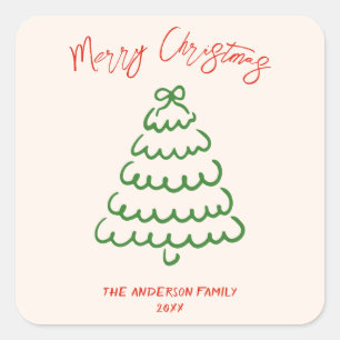 Retro Vintage Hand Drawn Bow Tree Unique Christmas Square Sticker