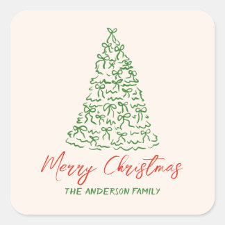 Retro Vintage Hand Drawn Ribbons Tree Christmas Square Sticker