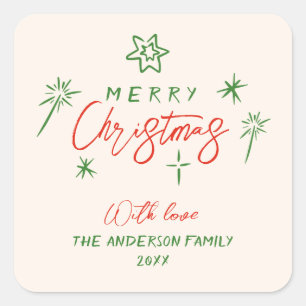 Retro Vintage Hand Drawn Stars Merry Christmas Square Sticker
