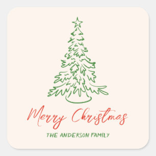 Retro Vintage Hand Drawn Unique Tree Christmas    Square Sticker
