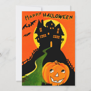 Retro Vintage Happy Halloween Haunted House Card