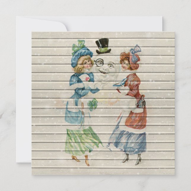 Retro | Vintage Happy Snowman With Ladies Holiday Card (Front)