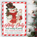 Retro Vintage Holly Jolly Snowman Custom Christmas Invitation<br><div class="desc">This mid-century vintage Christmas party invitation features a jolly snowman in top hat,  scarf and carrying a candy cane with the words 'Holly Jolly and ready to party' with a bright red and white candy cane border and backing.  Customise by adding your personal party details.</div>