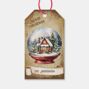 Retro Vintage House In Snow Globe Merry Christmas Gift Tags