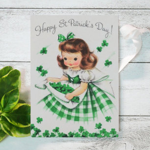 Retro Vintage Irish Lassie with Shamrocks Holiday Card