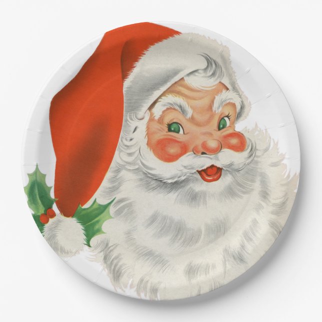 Retro Vintage Jolly Santa Claus Christmas Paper Plate (Front)