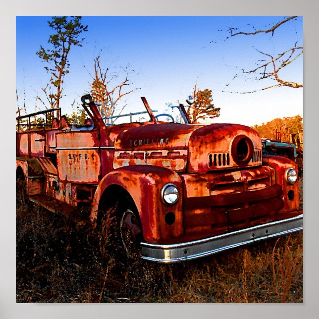 Retro,Vintage, Junkyard Firetruck in Field Poster (Front)