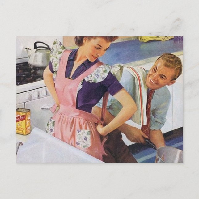 retro vintage kitchen couple postcard (Front)