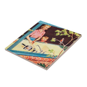 retro vintage kitchen lady tile
