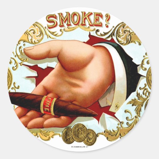 Retro Vintage Kitsch Cigar Box Art 'Smoke?' Classic Round Sticker