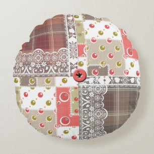 Retro vintage lace plaid chequered patchwork boho round cushion