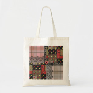 Retro vintage lace plaid chequered patchwork boho tote bag