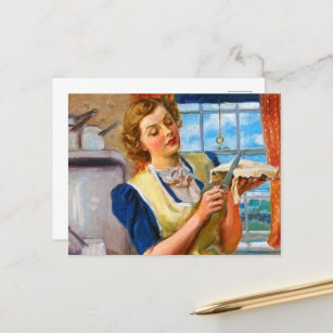 retro vintage lady baking pie postcard