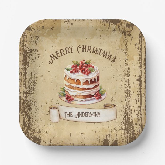 Retro Vintage Layered Cake Merry Christmas Paper Plate (Front)