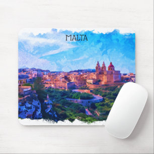 Retro Vintage Malta panorama Watercolor view Mouse Mat