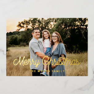 Retro Vintage Merry Christmas Family Photo Gold Foil Holiday Card