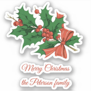 Retro Vintage Merry Christmas Holly Bow Name