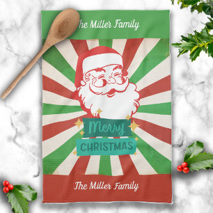 Retro Vintage Merry Christmas Santa Custom Name Tea Towel