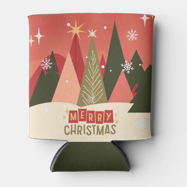 Retro/Vintage Merry Christmas tree Can Cooler (Front)