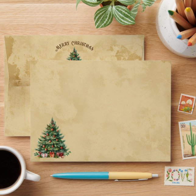 Retro Vintage Merry Christmas Tree Envelope (Desk)