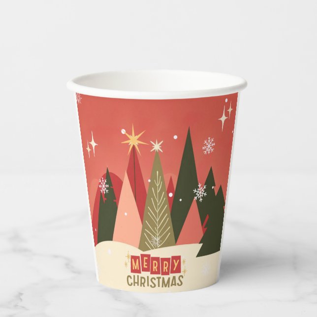 Retro/Vintage Merry Christmas tree Paper Cups (Front)