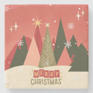 Retro/Vintage Merry Christmas tree Stone Coaster