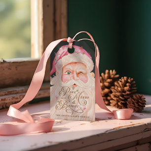 Retro Vintage Merry & Pink Watercolor Santa Claus Gift Tags