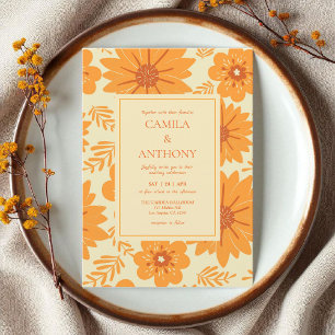 Retro Vintage Mid Century Orange Flower Pattern Invitation