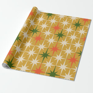 Retro Vintage Mid-Century Star Pattern Ochre Green Wrapping Paper