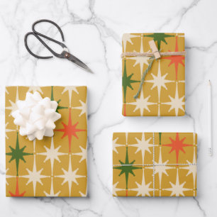  Retro Vintage Mid-Century Star Patterns Ochre Wrapping Paper Sheet