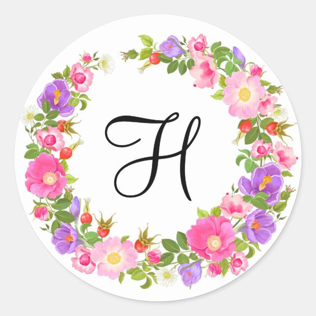 Retro vintage monogram Floral wreath stickers (Front)