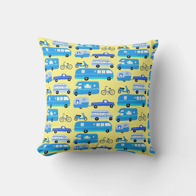Retro Vintage Motorhome RVing Camping Blue Cushion (Front)