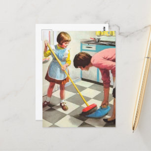 retro vintage Mum Daughter cleaning Postcard