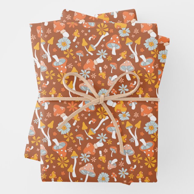 Retro Vintage Mushroom Flower Pattern Wrapping Paper Sheet (In situ)